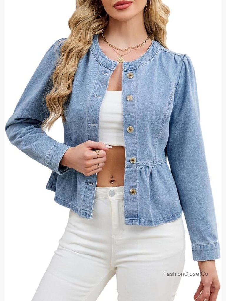 Peplum Hem Jean Jacket Long Sleeve Button Down Collarless Denim Top